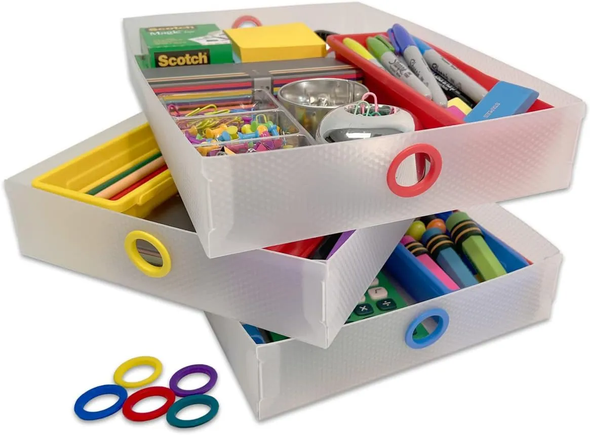 Ultimate Office TierDrop Supply Drawers Measure 9w x 12d x 2 1/4 Inches High for Desk Accessories and Supplies, Set of 3, Includes Color-Coded Finger Rings for Fast and Easy Access to Contents