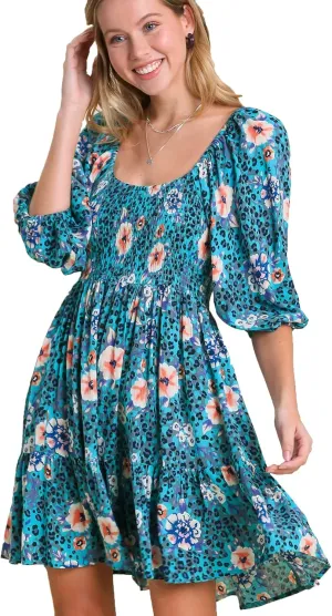Umgee Round Neck Floral Animal Print Smocked Dress with Puff Sleeves