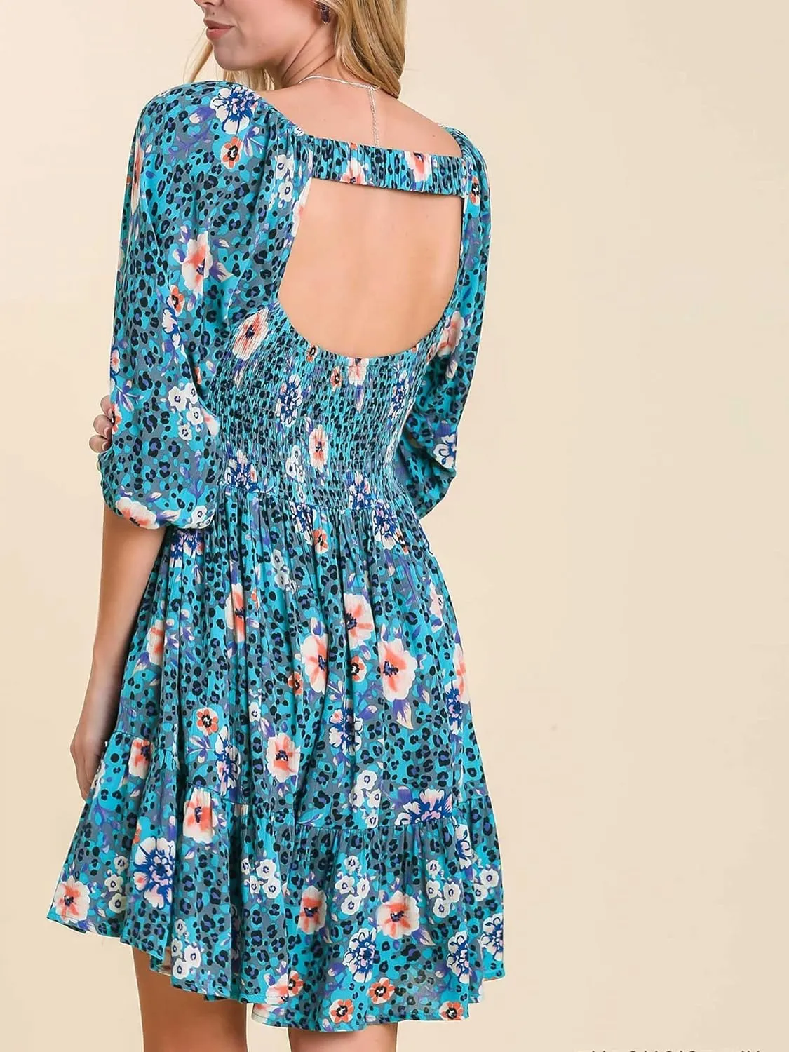 Umgee Round Neck Floral Animal Print Smocked Dress with Puff Sleeves