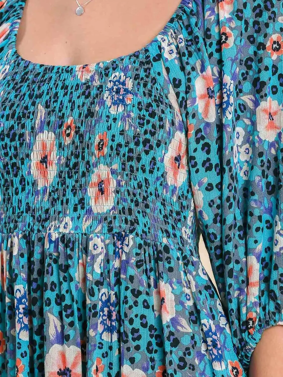 Umgee Round Neck Floral Animal Print Smocked Dress with Puff Sleeves