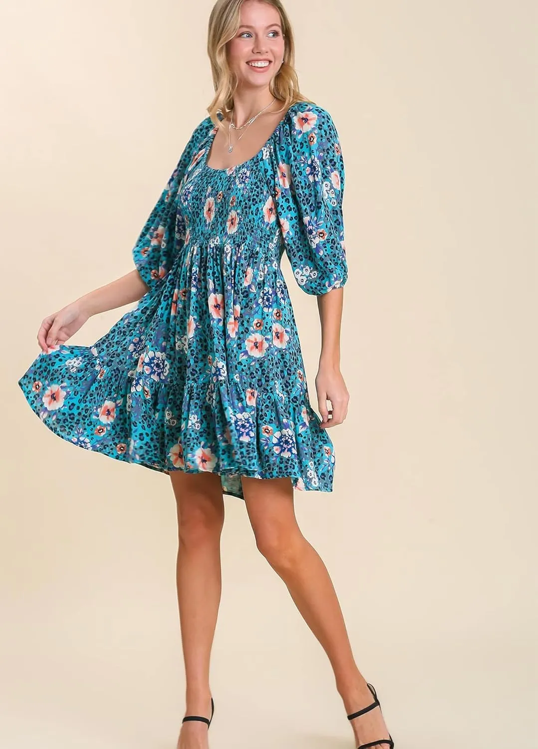 Umgee Round Neck Floral Animal Print Smocked Dress with Puff Sleeves