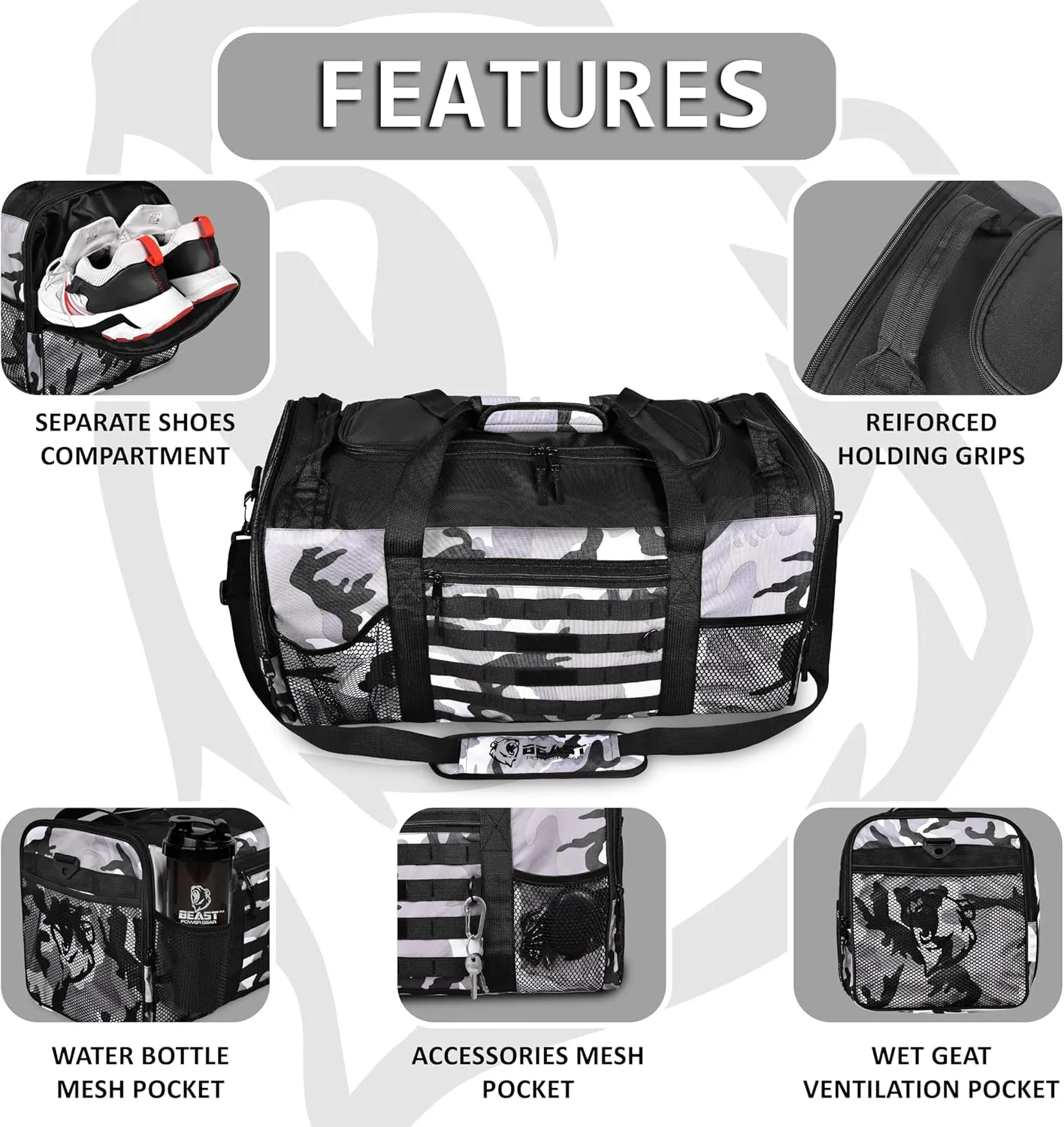 Unisex Duffel Bag Gray Camo, Extra Roomy Waterproof Gym Bag For Women with Shoe Compartment, Sports Bag with Zippered Pockets, Adjustable Strap