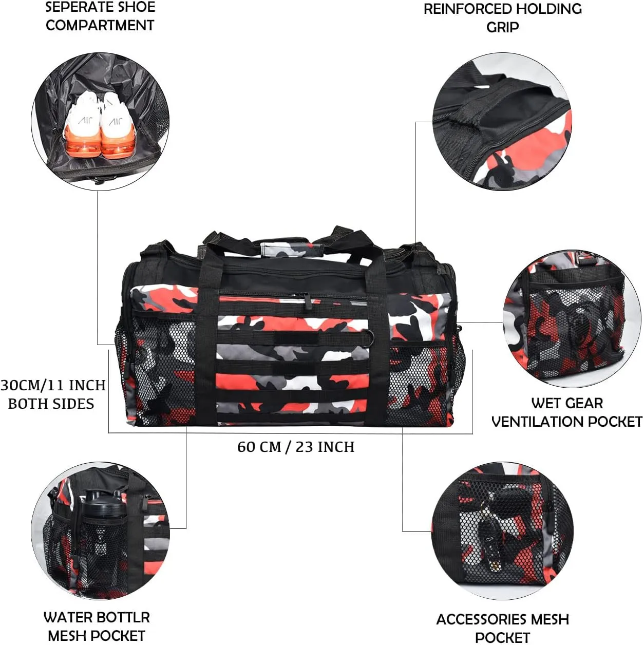 Unisex Duffel Bag Red Camo, Extra Roomy Waterproof Gym Bag For Women with Shoe Compartment, Sports Bag with Zippered Pockets, Adjustable Straps Duffle Bag Travel Large Gym Bag For Men
