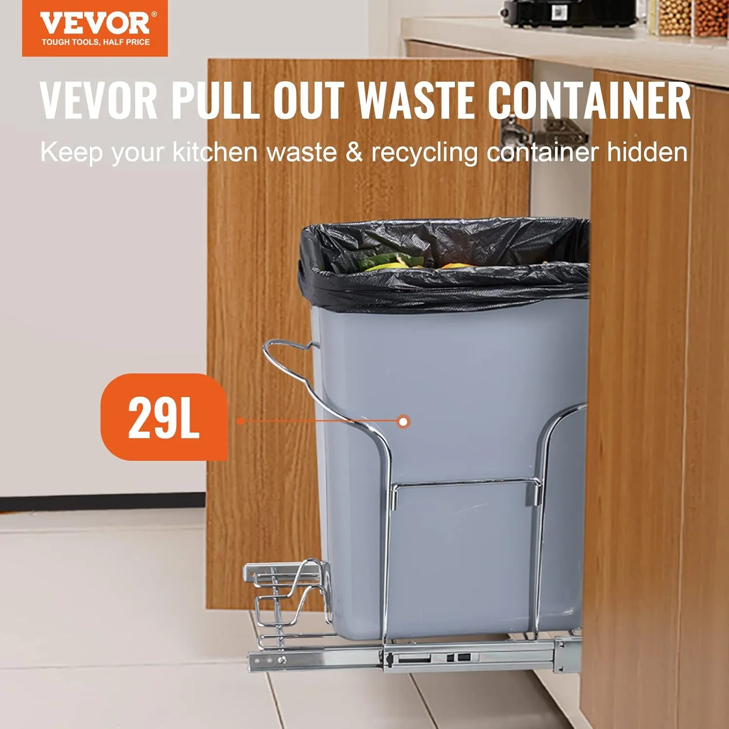 VEVOR Pull-Out Trash Can, 29L Single Bin, Under Mount Kitchen Waste Container with Slide and Handle, 110 lbs Load Capacity Heavy Duty Garbage Recycling Bin for Kitchen Cabinet, Sink, Under Counter