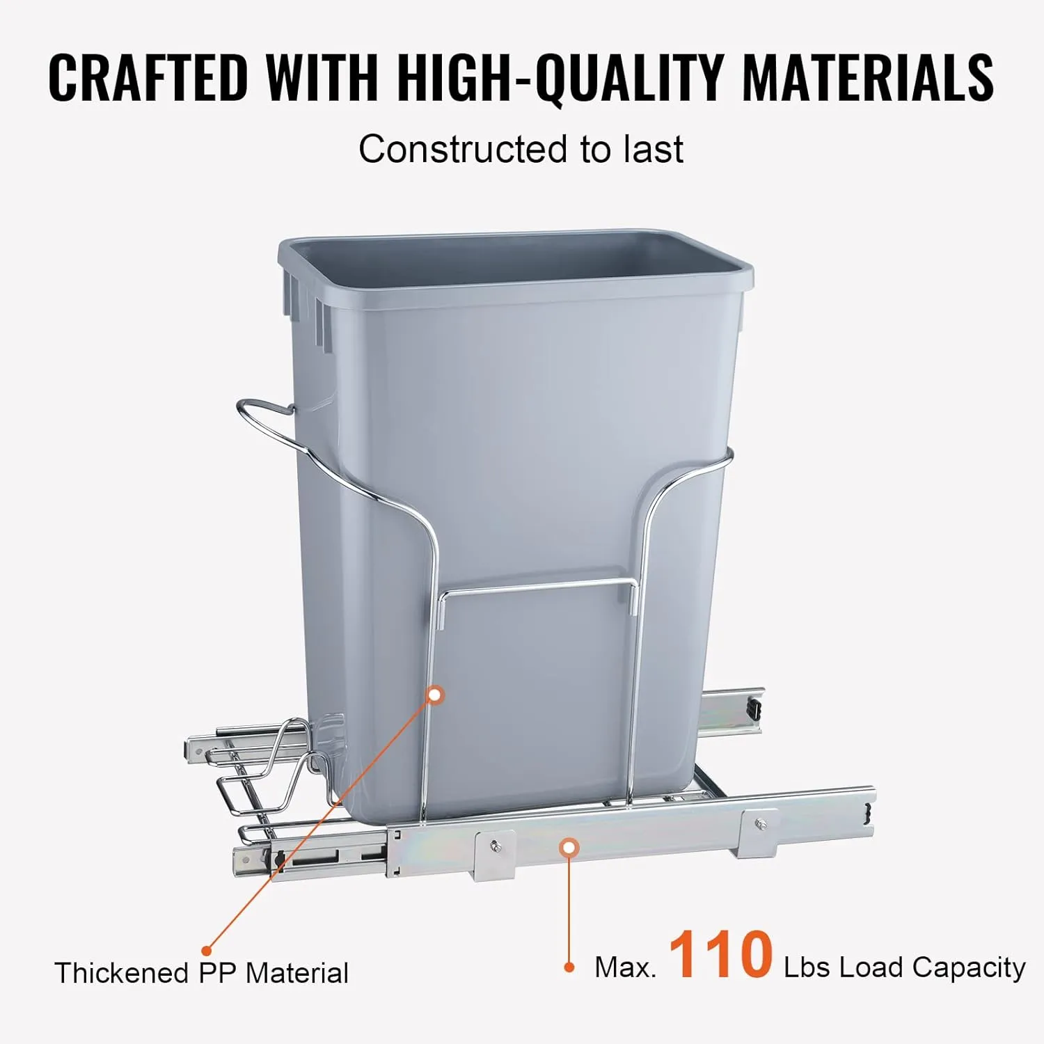 VEVOR Pull-Out Trash Can, 29L Single Bin, Under Mount Kitchen Waste Container with Slide and Handle, 110 lbs Load Capacity Heavy Duty Garbage Recycling Bin for Kitchen Cabinet, Sink, Under Counter