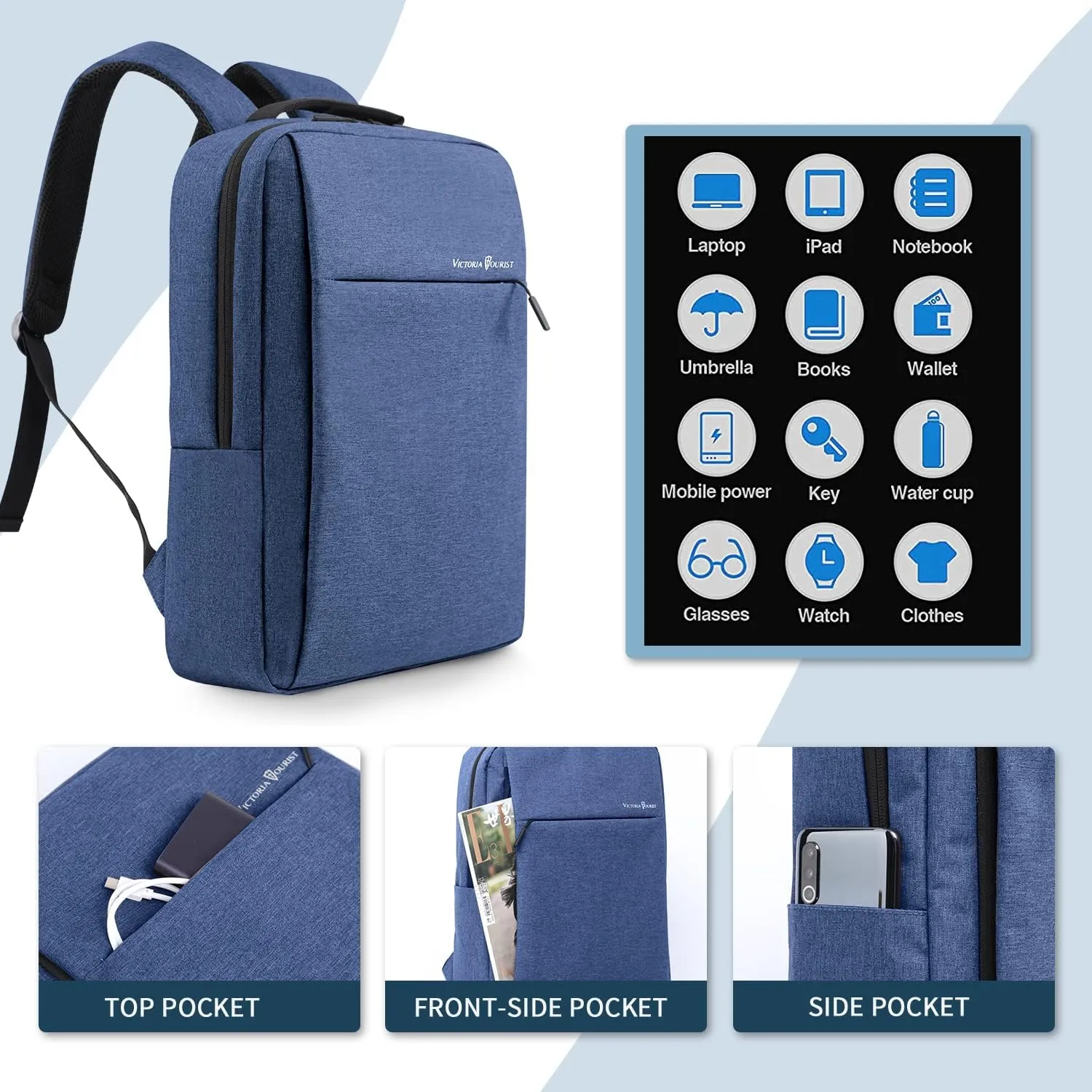 Victoriatourist Laptop Backpack for Men Business Slim Durable Work Laptops Backpacks with USB Charging Port, College Backpacks Computer Bag Gifts for Women Fits 15.6 Inch Notebook(Blue)