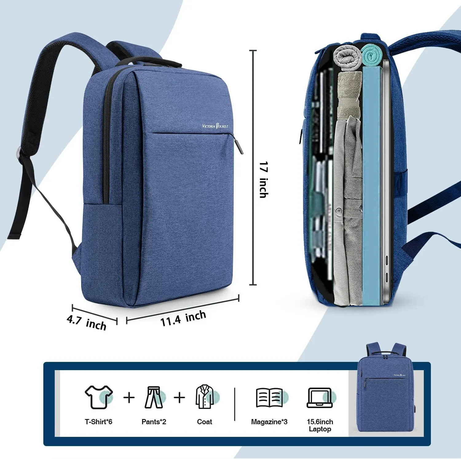 Victoriatourist Laptop Backpack for Men Business Slim Durable Work Laptops Backpacks with USB Charging Port, College Backpacks Computer Bag Gifts for Women Fits 15.6 Inch Notebook(Blue)