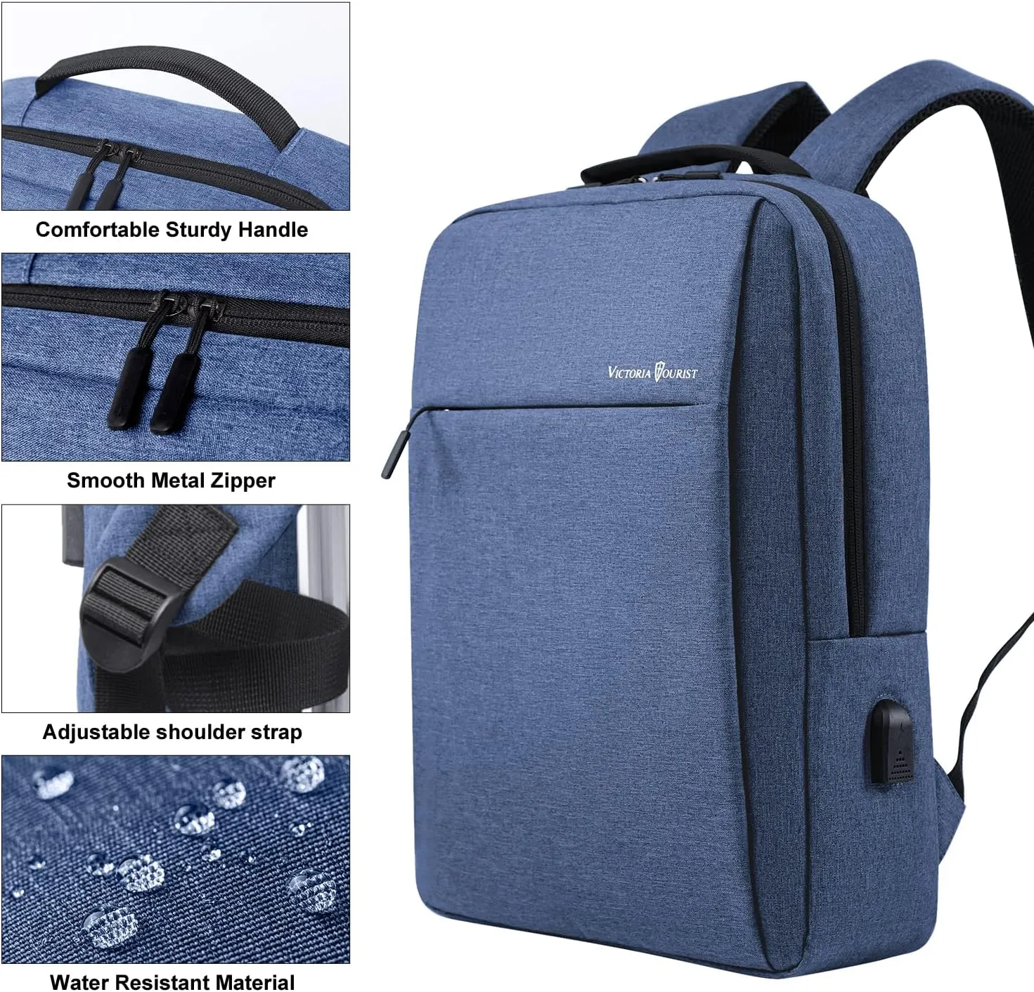 Victoriatourist Laptop Backpack for Men Business Slim Durable Work Laptops Backpacks with USB Charging Port, College Backpacks Computer Bag Gifts for Women Fits 15.6 Inch Notebook(Blue)
