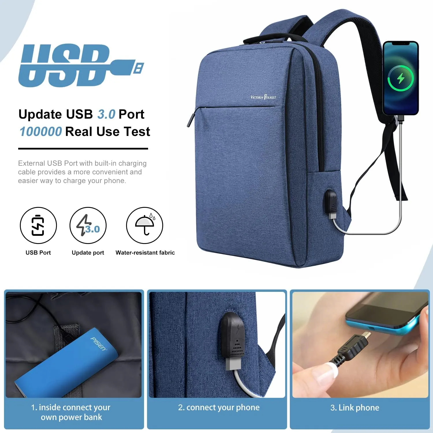 Victoriatourist Laptop Backpack for Men Business Slim Durable Work Laptops Backpacks with USB Charging Port, College Backpacks Computer Bag Gifts for Women Fits 15.6 Inch Notebook(Blue)