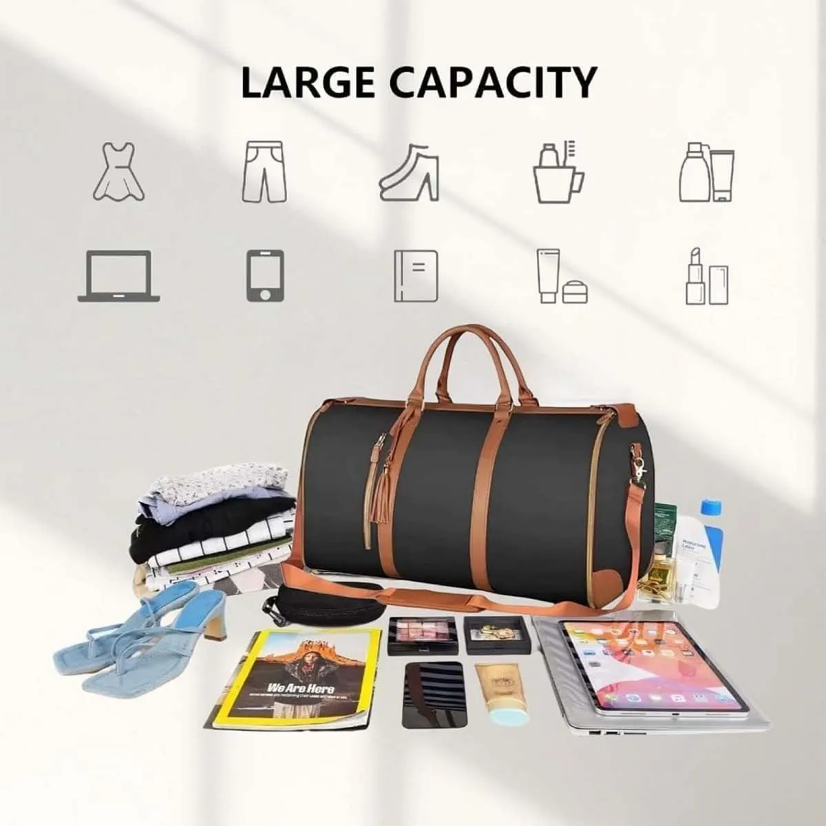 Viralhuntz Travel Bag, Luxe Travel Bags for Women, 2-in-1 Carry-On Garment Luggage with Shoe Compartment, PU Leather Weekender (D)