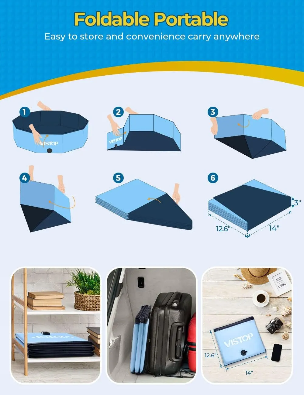 VISTOP Large Foldable Dog Pool, Hard Plastic Shell Portable Swimming Pool for Dogs Cats and Kids Pet Puppy Bathing Tub Collapsible Kiddie Pool (47inch.D x 11.8inch.H, Blue)