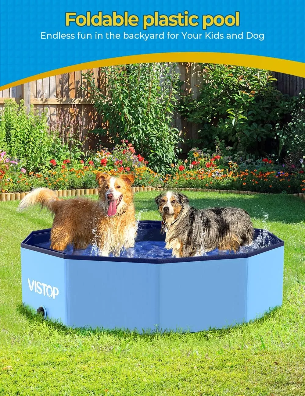 VISTOP Large Foldable Dog Pool, Hard Plastic Shell Portable Swimming Pool for Dogs Cats and Kids Pet Puppy Bathing Tub Collapsible Kiddie Pool (47inch.D x 11.8inch.H, Blue)