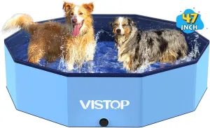VISTOP Large Foldable Dog Pool, Hard Plastic Shell Portable Swimming Pool for Dogs Cats and Kids Pet Puppy Bathing Tub Collapsible Kiddie Pool (47inch.D x 11.8inch.H, Blue)