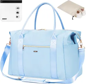 WANDF For Spirit Airlines Personal Item Bag 18x14x8 Travel Duffel Bag with TSA Approved Quart Size Bag & Shoe Bags Weekender Overnight Carry-on Luggage for Women (Light Blue)