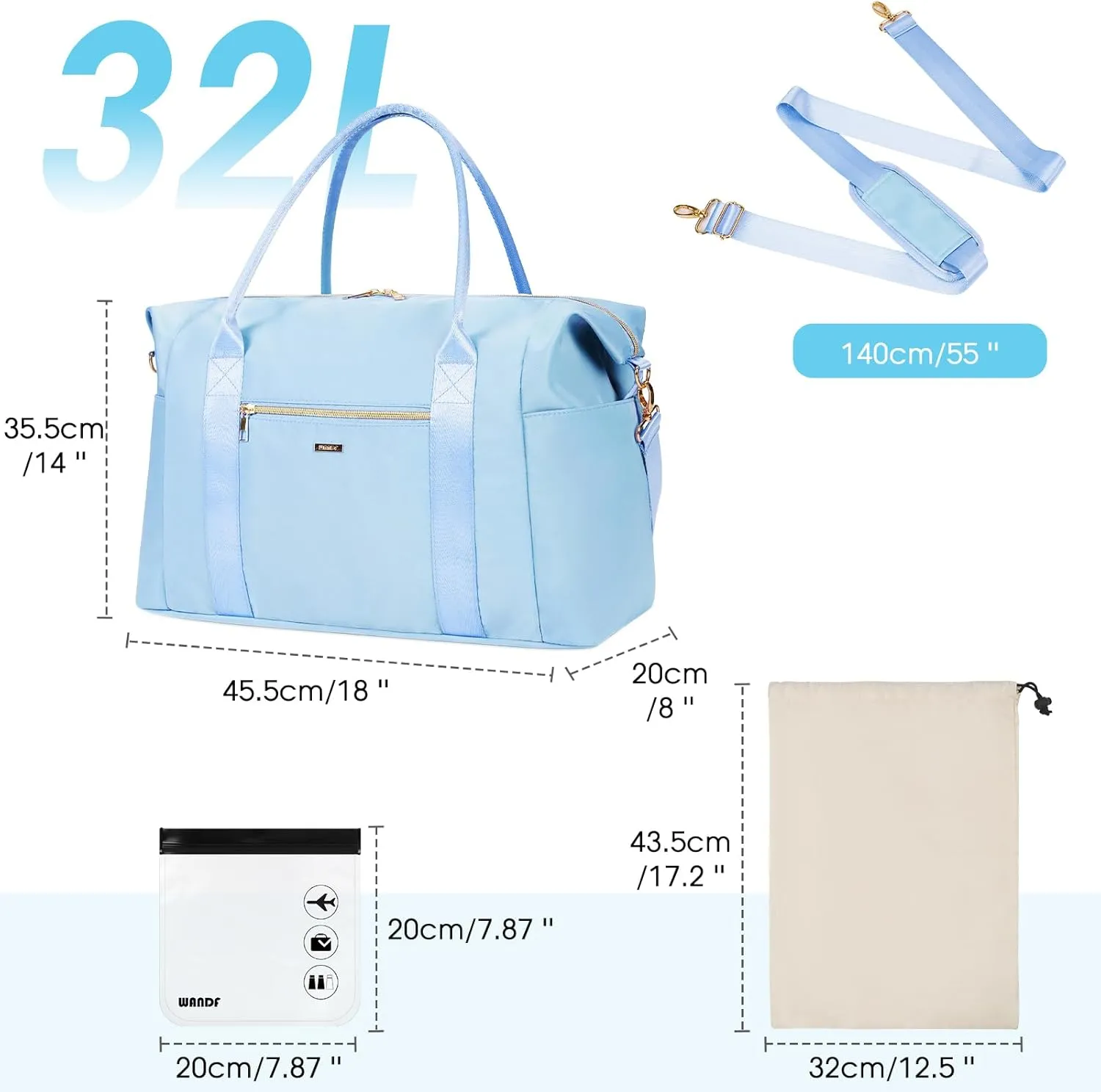 WANDF For Spirit Airlines Personal Item Bag 18x14x8 Travel Duffel Bag with TSA Approved Quart Size Bag & Shoe Bags Weekender Overnight Carry-on Luggage for Women (Light Blue)