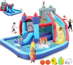 Water Slide Bounce House for Kids Backyard–13x11.8x7FT Sport Waterpark with Soccer Goal & Basketball Hoop, 10-in-1 Waterslide w/2 Slides, Bounce Area, Splash Pool, Climbing Wall & Water Cannon