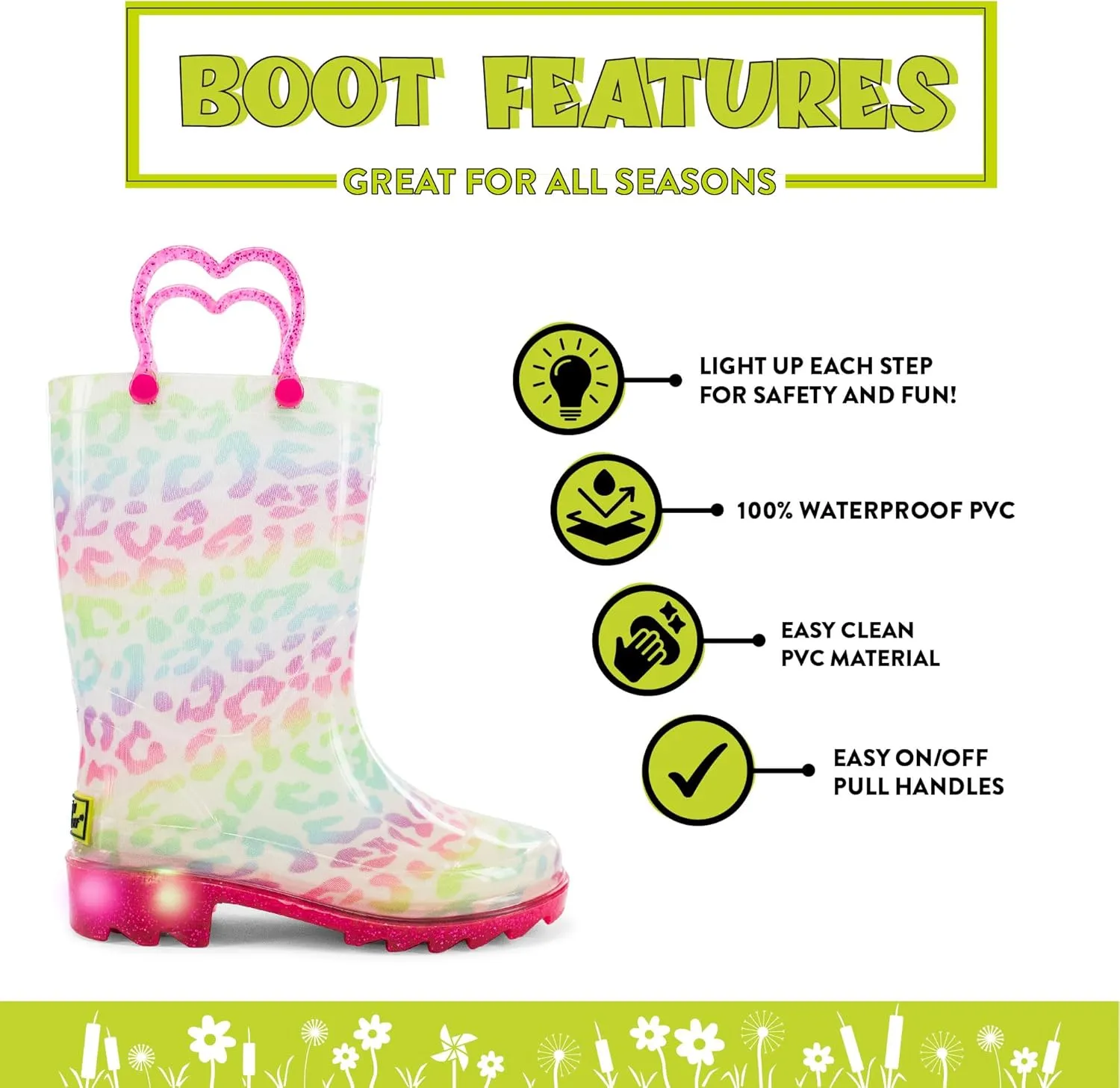 Western Chief Kids Waterproof Light Up Rain Boots With Handles for Easy On and Off for Boys and Girls
