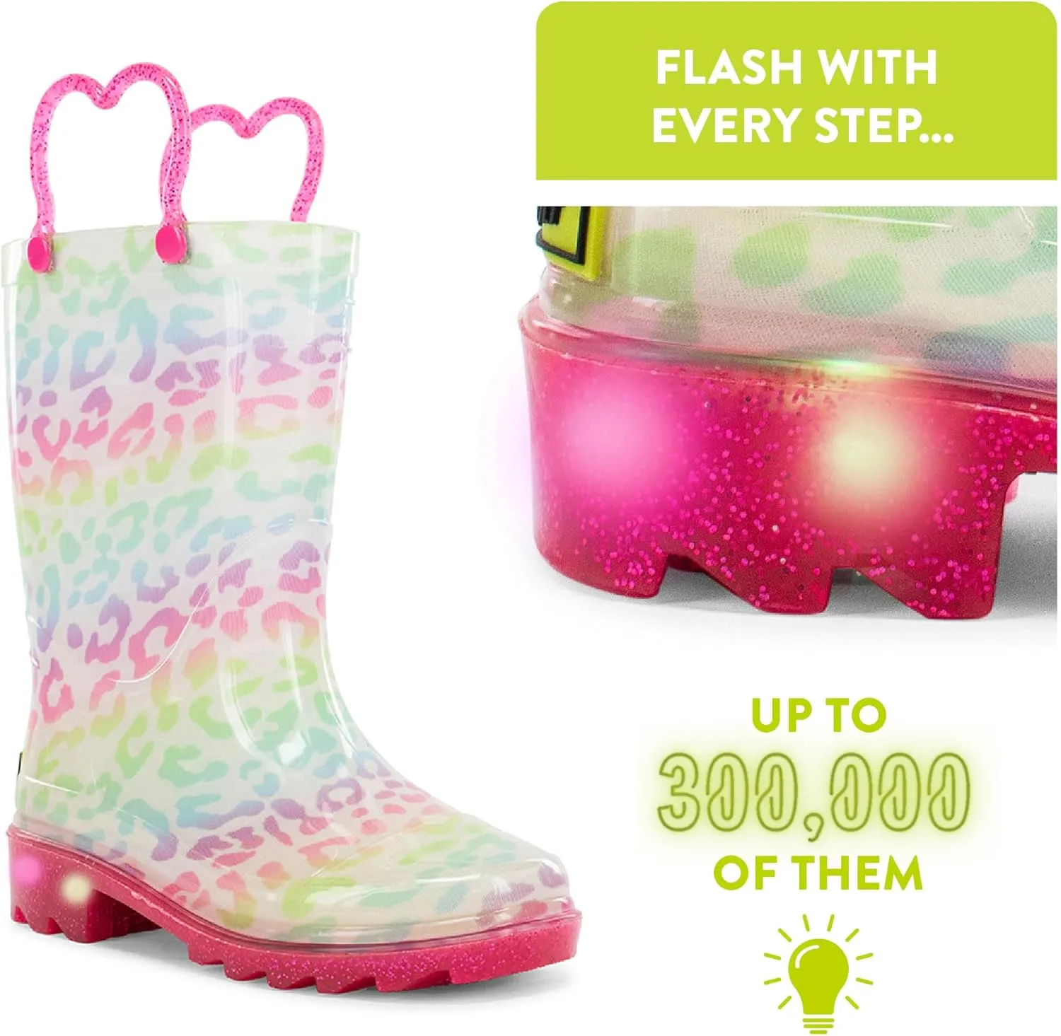Western Chief Kids Waterproof Light Up Rain Boots With Handles for Easy On and Off for Boys and Girls