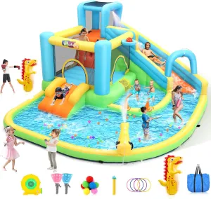 Whubefy Bounce House Water Slide for Kids 3-12 w/Blower, Waterslide 12.8x12Ft Waterpark with Jump Area, Catch Ball, Toss Rings, Water Blaster, 10 Accessories, Suitable for 8 Kids, Backyard Summer Fun