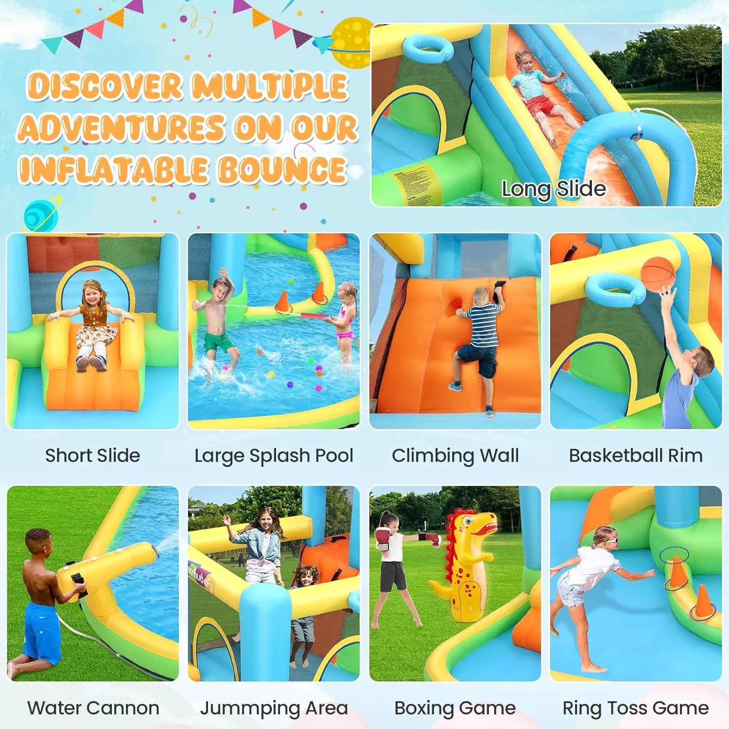 Whubefy Bounce House Water Slide for Kids 3-12 w/Blower, Waterslide 12.8x12Ft Waterpark with Jump Area, Catch Ball, Toss Rings, Water Blaster, 10 Accessories, Suitable for 8 Kids, Backyard Summer Fun