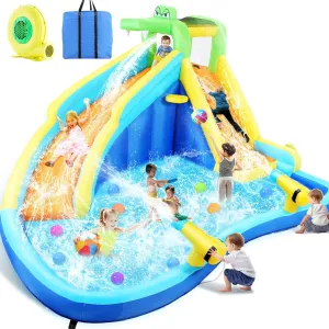 Whubefy Inflatable Water Slide, 8 in 1 Blow Up Crocodile Spray Slide 13.2 x10 Ft Water Bounce House with 2 Water Cannon, Climbing Wall, Basketball Hoop, Inflatable Water Park for Kids Outdoor