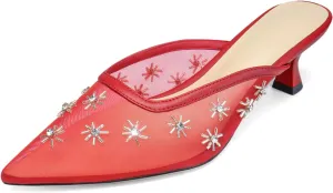 Women Kitten Heel Mules Crystal Flower Decor Mesh Pointed Toe Low Heel Casual Pumps