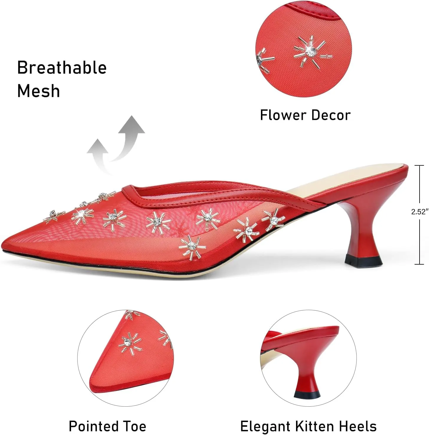 Women Kitten Heel Mules Crystal Flower Decor Mesh Pointed Toe Low Heel Casual Pumps