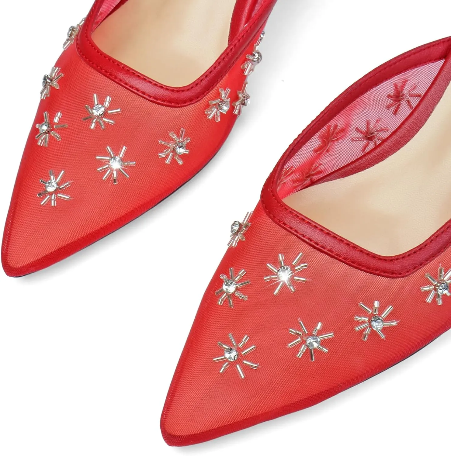 Women Kitten Heel Mules Crystal Flower Decor Mesh Pointed Toe Low Heel Casual Pumps