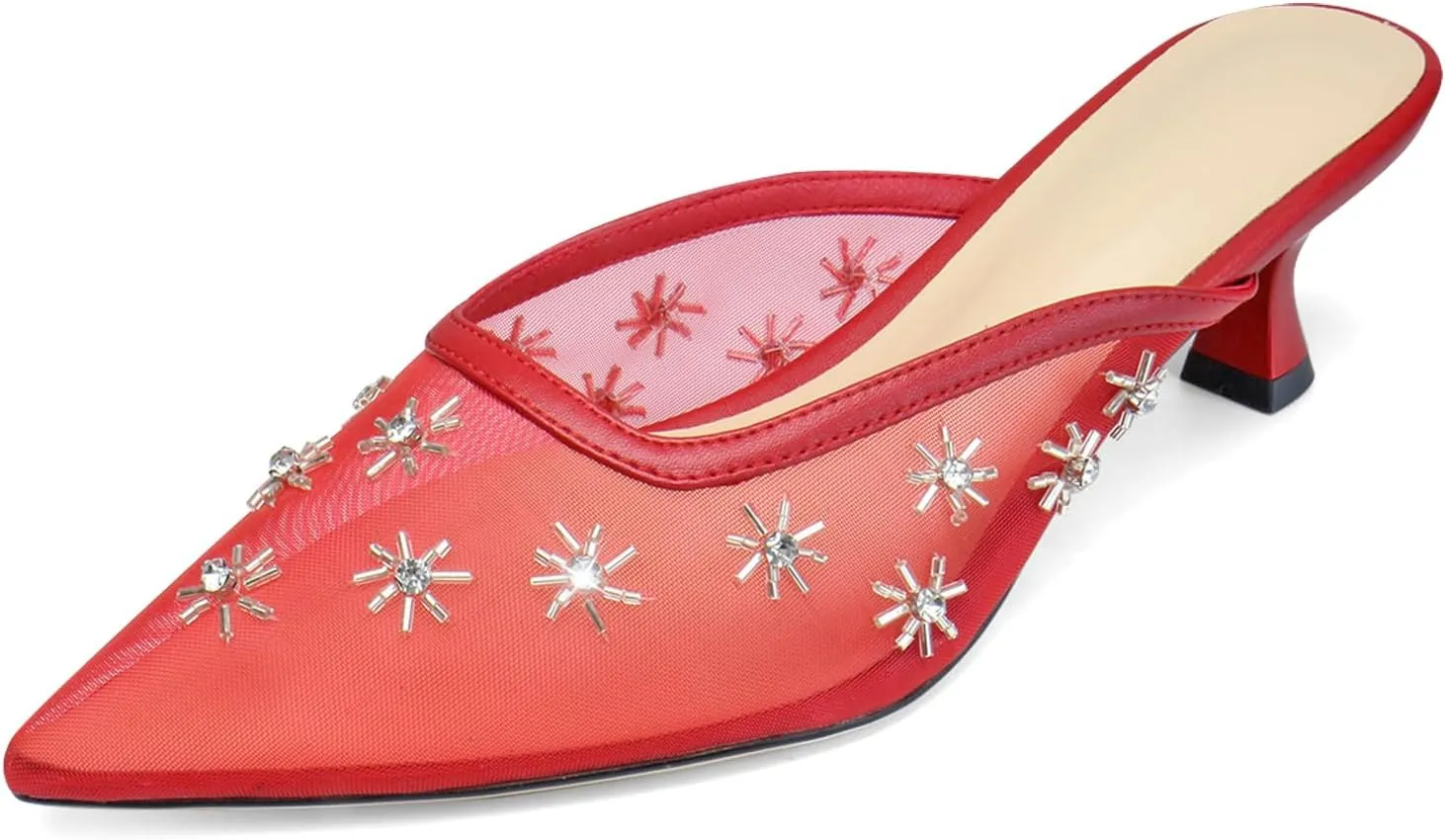 Women Kitten Heel Mules Crystal Flower Decor Mesh Pointed Toe Low Heel Casual Pumps