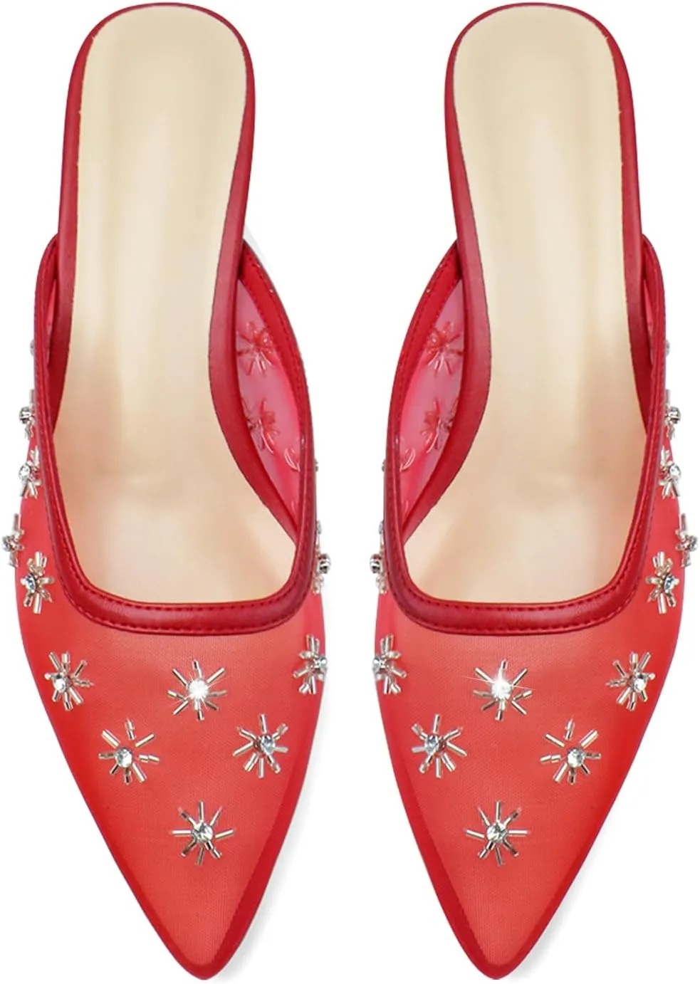 Women Kitten Heel Mules Crystal Flower Decor Mesh Pointed Toe Low Heel Casual Pumps