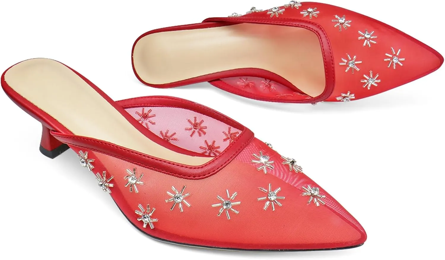 Women Kitten Heel Mules Crystal Flower Decor Mesh Pointed Toe Low Heel Casual Pumps