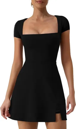 Women's Athletic Tennis Dress with Shorts Square Neck Short Sleeve Workout Golf Side Slit Casual Mini Dress
