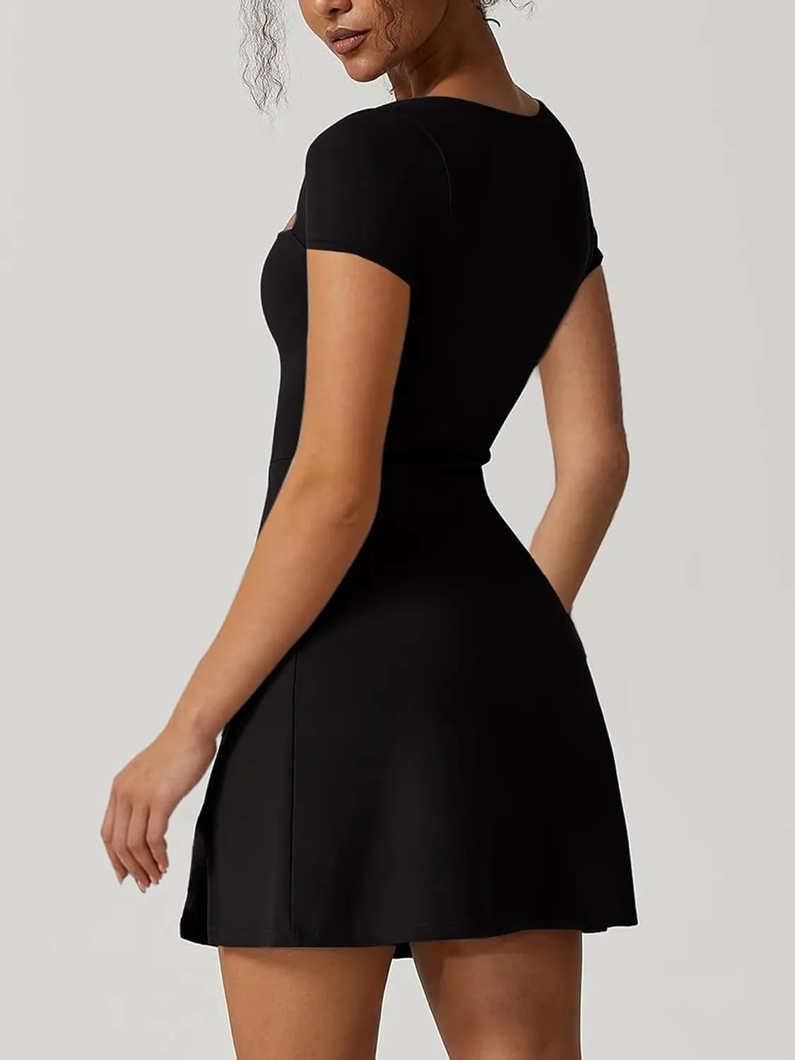 Women's Athletic Tennis Dress with Shorts Square Neck Short Sleeve Workout Golf Side Slit Casual Mini Dress