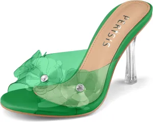 Women's Clear Strap High Kitten Transparent Heel Black Red Floral Heels Sexy Slip On Round Open Peep Toe Rhinestone Mules Slide Sandals Summer Backless Party Prom Dress Shoes 3 Inch