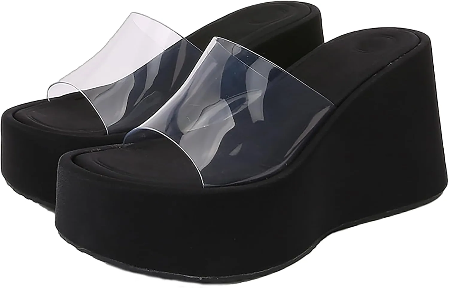 Women'S Clear Strap Platform Wedges Slide Sandals Fashion Round Toe Open Slip-On Comfortable High Heel Platform Dressy Slippers Summer Party Dance Casual Beach Walking Slippers