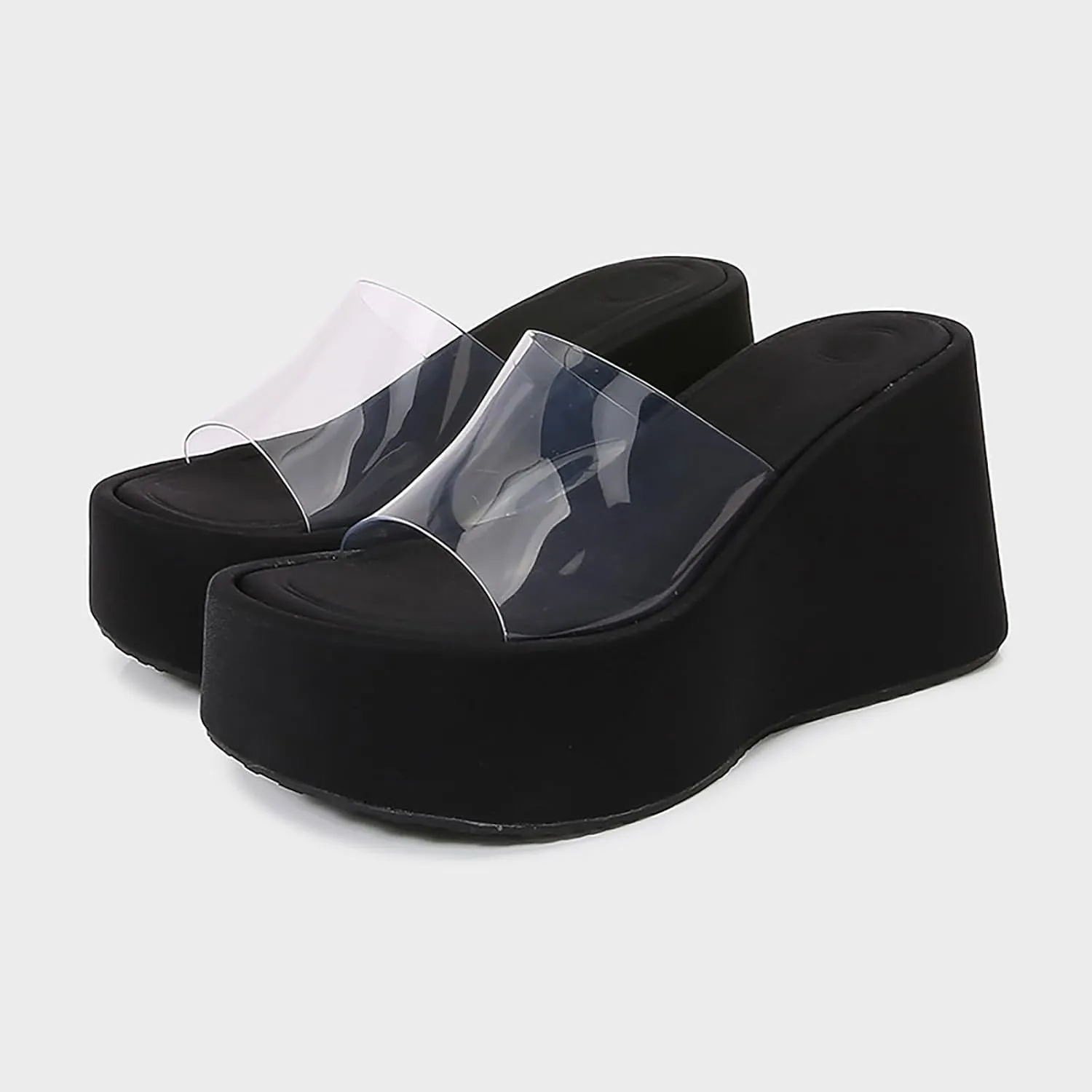 Women'S Clear Strap Platform Wedges Slide Sandals Fashion Round Toe Open Slip-On Comfortable High Heel Platform Dressy Slippers Summer Party Dance Casual Beach Walking Slippers