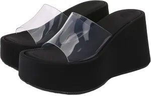 Women'S Clear Strap Platform Wedges Slide Sandals Fashion Round Toe Open Slip-On Comfortable High Heel Platform Dressy Slippers Summer Party Dance Casual Beach Walking Slippers