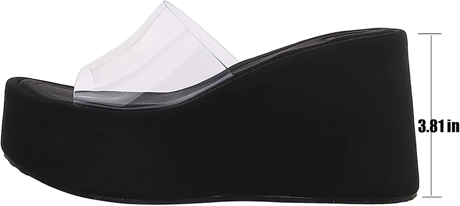 Women'S Clear Strap Platform Wedges Slide Sandals Fashion Round Toe Open Slip-On Comfortable High Heel Platform Dressy Slippers Summer Party Dance Casual Beach Walking Slippers