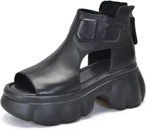 Womens Genuine Leather Chunky Platform Retro Roman Sandals High Top Comfortable Anti-Slip Open Toe Fish Mouth Soft Bottom Back Zipper Wedge Y2K Gladiator Sandals Boot for Casual Walking