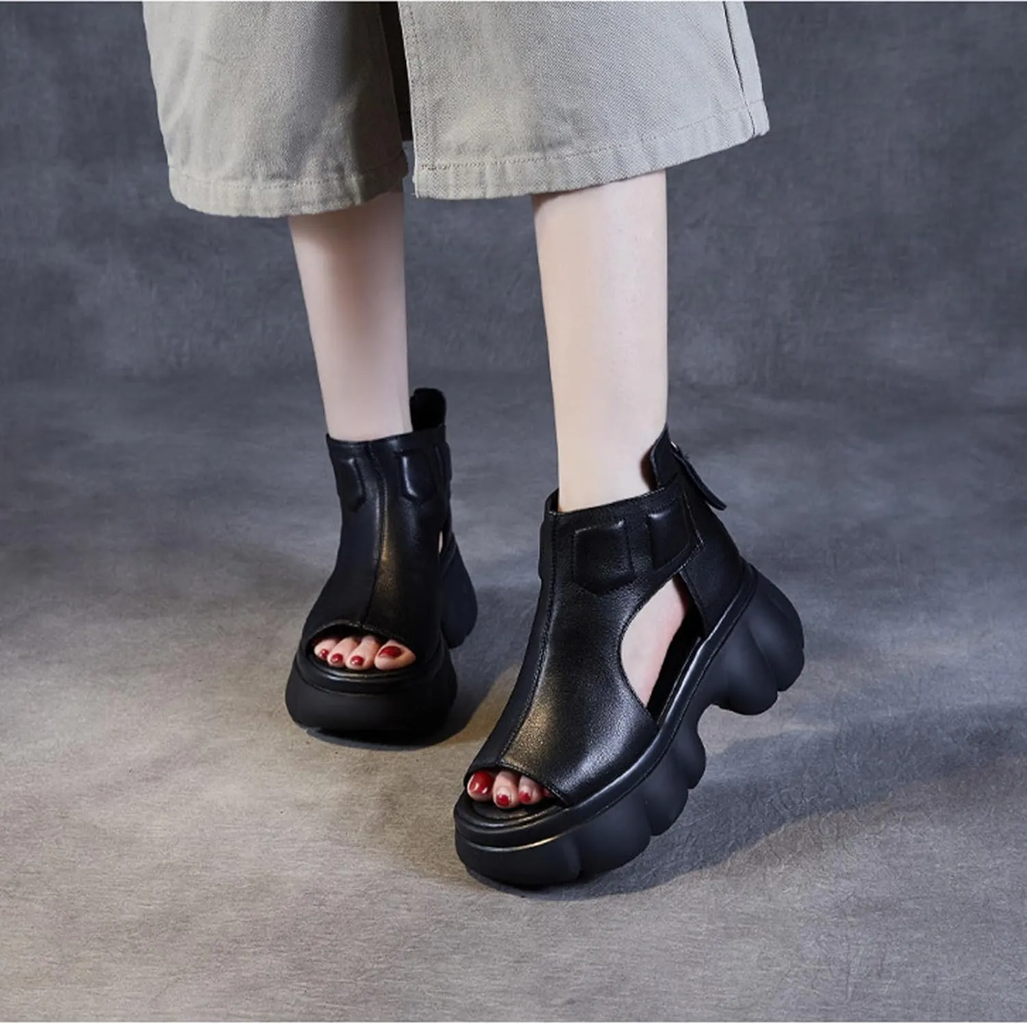 Womens Genuine Leather Chunky Platform Retro Roman Sandals High Top Comfortable Anti-Slip Open Toe Fish Mouth Soft Bottom Back Zipper Wedge Y2K Gladiator Sandals Boot for Casual Walking