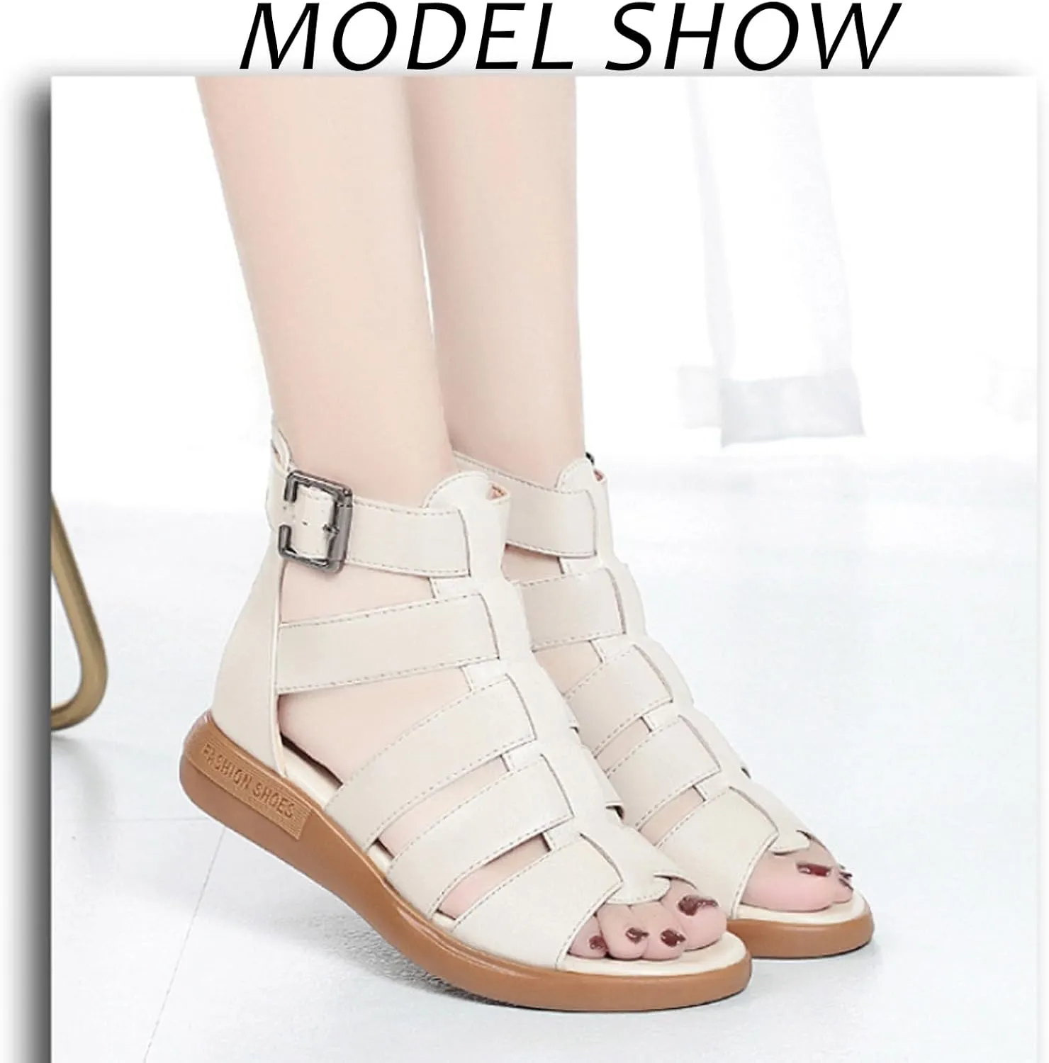 Women'S Genuine Leather High-Top Gladiator Sandals Summer Fish Mouth Flat Bottom Non-Slip Adjustable Buckle Fisherman Sandals Hollow Soft Bottom Roman Sandals