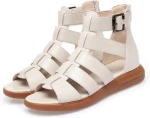 Women'S Genuine Leather High-Top Gladiator Sandals Summer Fish Mouth Flat Bottom Non-Slip Adjustable Buckle Fisherman Sandals Hollow Soft Bottom Roman Sandals