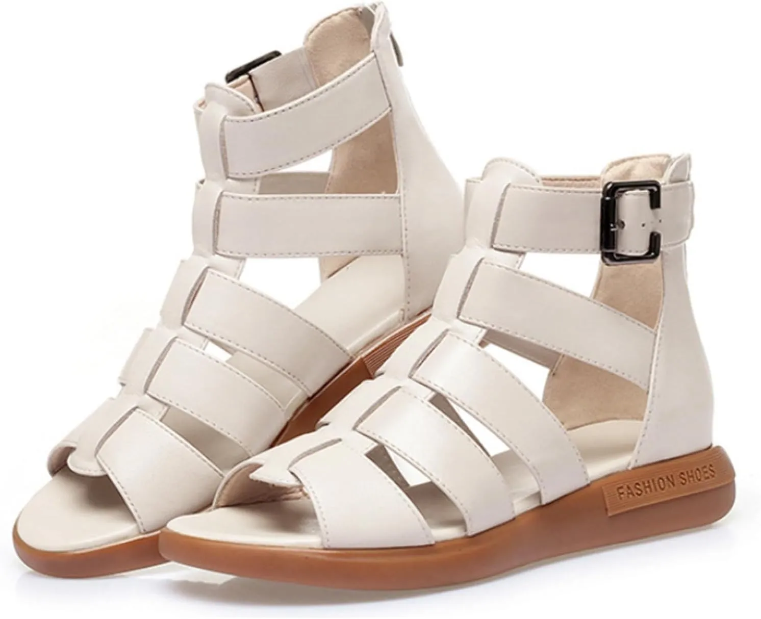 Women'S Genuine Leather High-Top Gladiator Sandals Summer Fish Mouth Flat Bottom Non-Slip Adjustable Buckle Fisherman Sandals Hollow Soft Bottom Roman Sandals