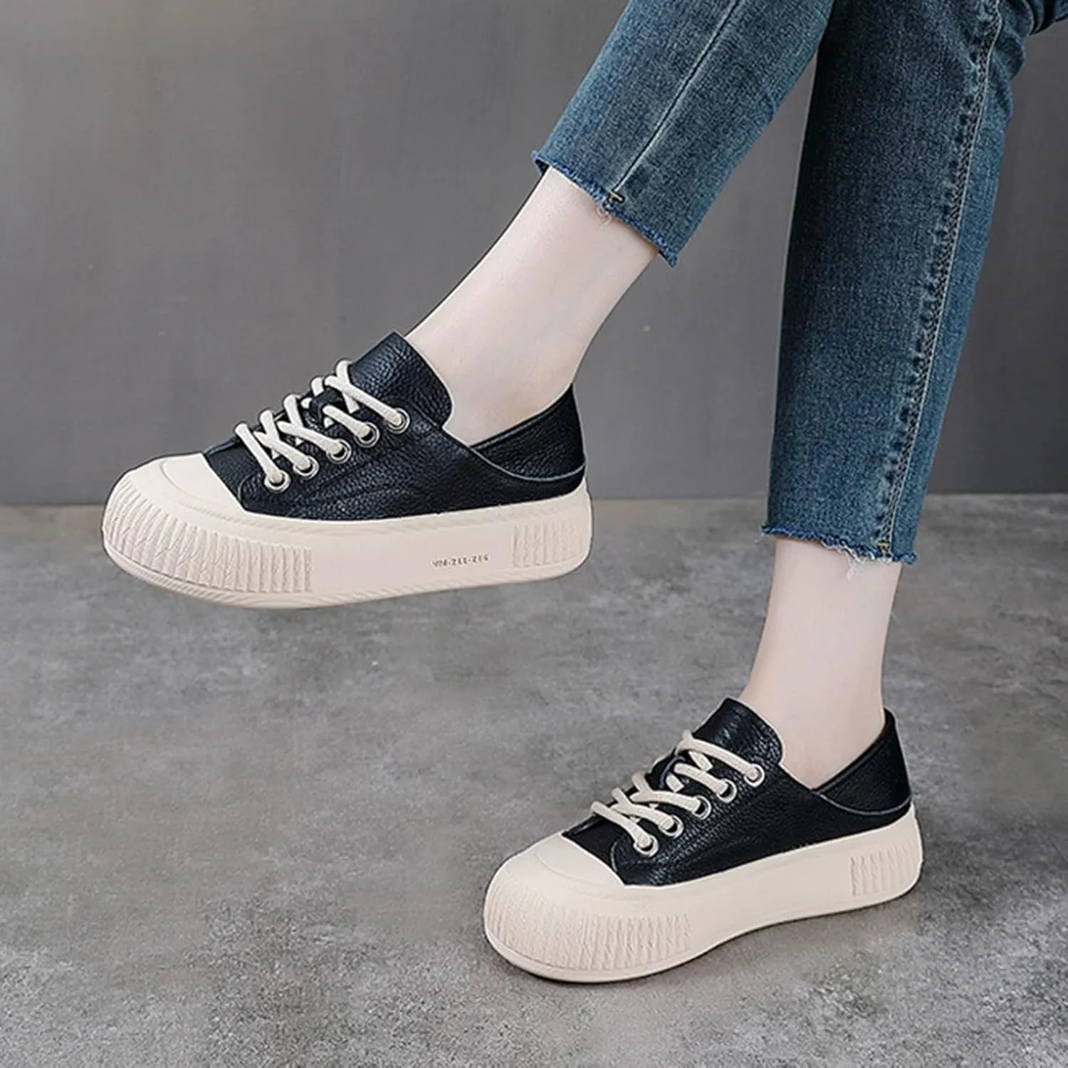Women's Genuine Leather Lace Up Anti-Collision Platform Fashion Sneaker Retro Round Toe Low Top Soft Sole Heighten Walking Shoes Comfortable Casual Running Tennis Shoes
