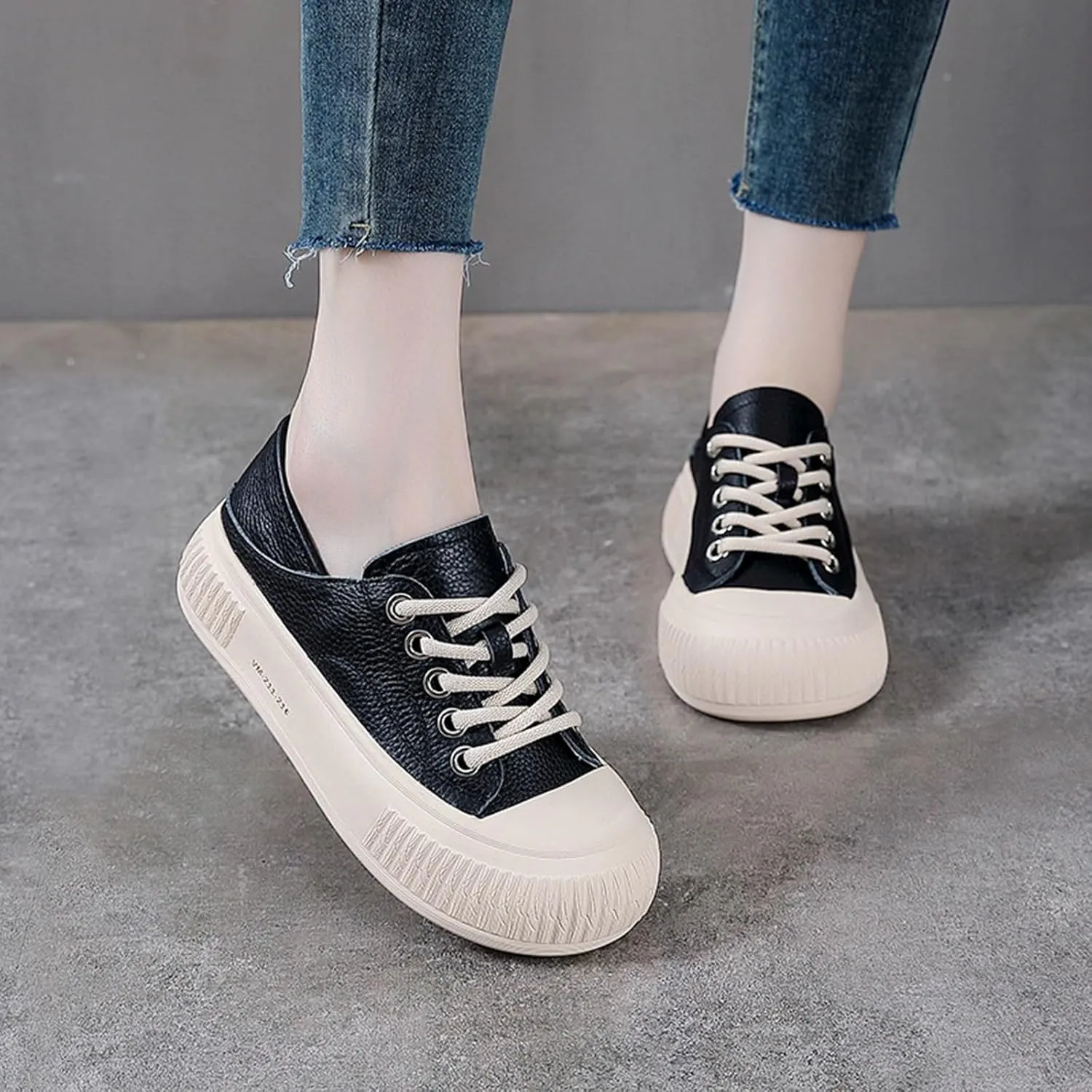 Women's Genuine Leather Lace Up Anti-Collision Platform Fashion Sneaker Retro Round Toe Low Top Soft Sole Heighten Walking Shoes Comfortable Casual Running Tennis Shoes