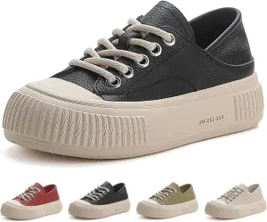 Women's Genuine Leather Lace Up Anti-Collision Platform Fashion Sneaker Retro Round Toe Low Top Soft Sole Heighten Walking Shoes Comfortable Casual Running Tennis Shoes