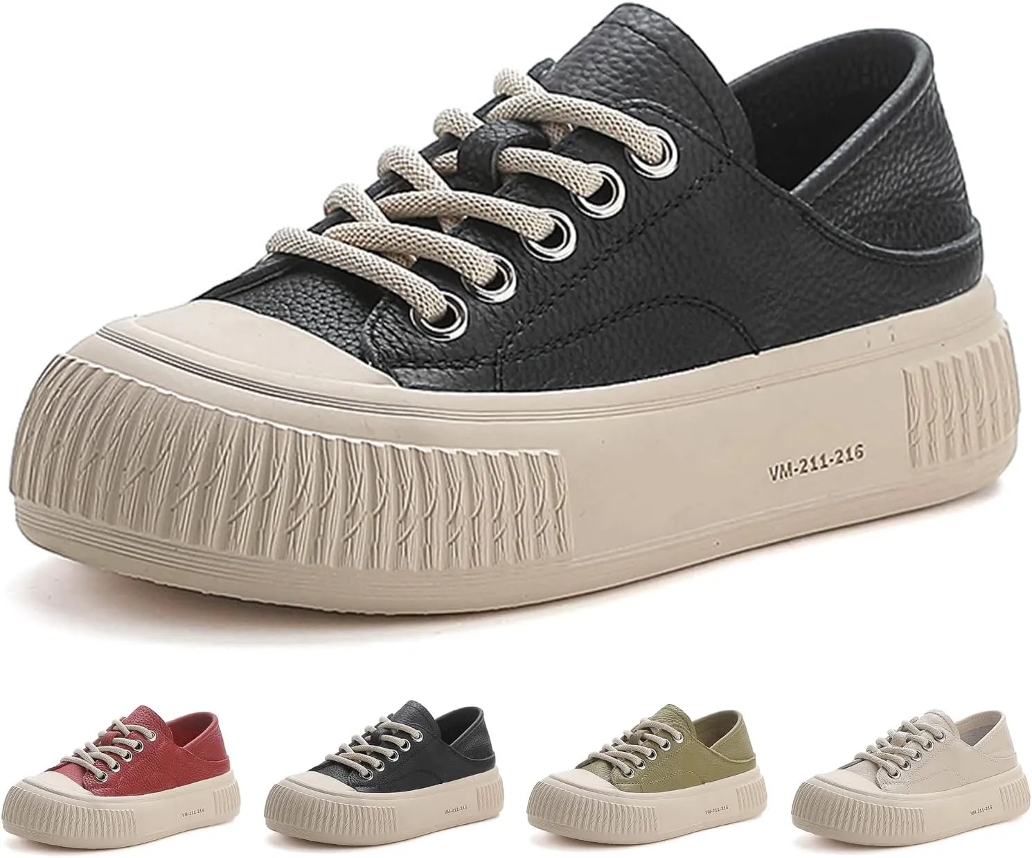 Women's Genuine Leather Lace Up Anti-Collision Platform Fashion Sneaker Retro Round Toe Low Top Soft Sole Heighten Walking Shoes Comfortable Casual Running Tennis Shoes