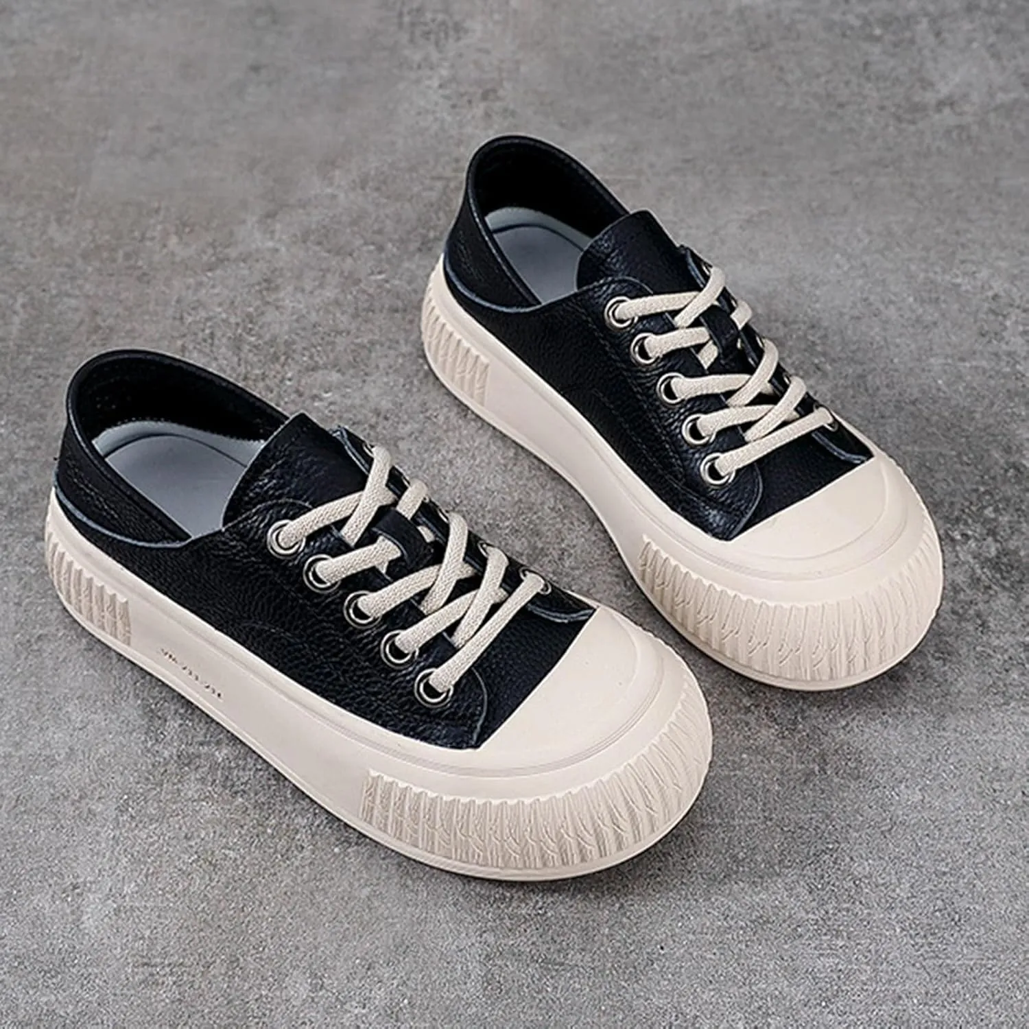 Women's Genuine Leather Lace Up Anti-Collision Platform Fashion Sneaker Retro Round Toe Low Top Soft Sole Heighten Walking Shoes Comfortable Casual Running Tennis Shoes