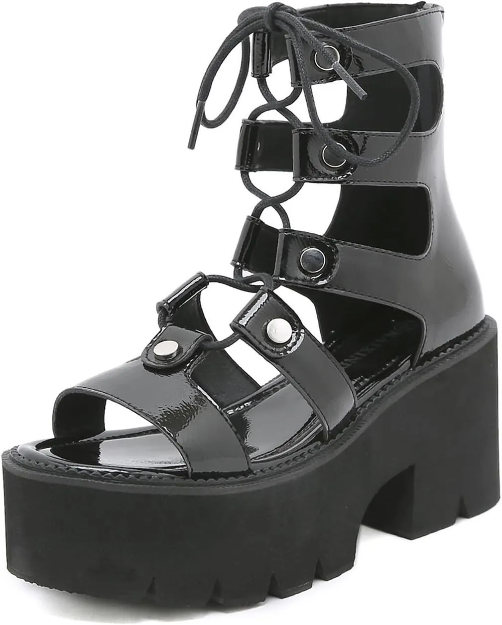 Women'S Leather Goth Anti-Slip Platform Sandals,Casual Open-Toe Lace Up Back Zip High Top Roman Sandals,Gladiator Hollow Out Lug Sole Summer Booties