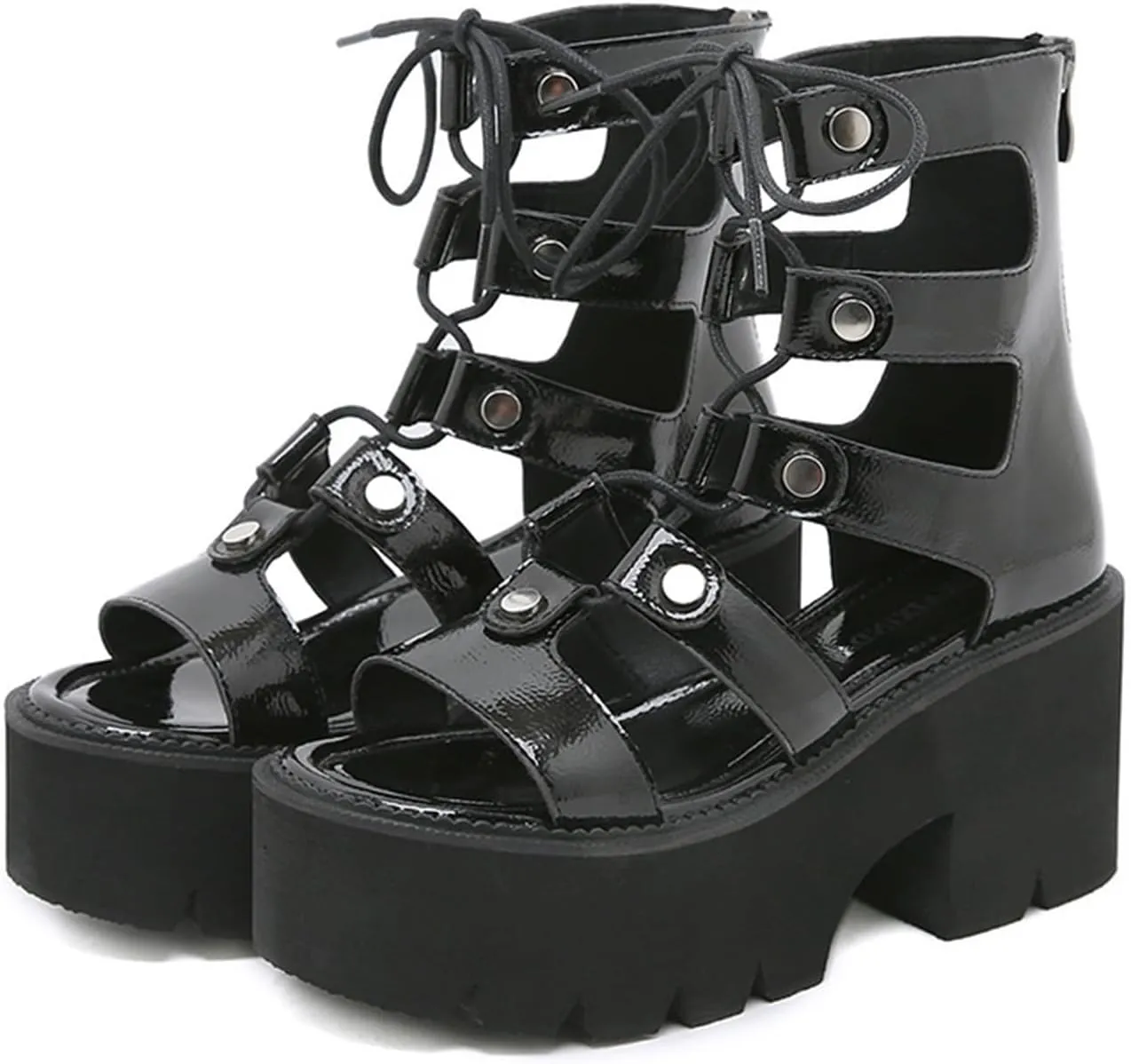 Women'S Leather Goth Anti-Slip Platform Sandals,Casual Open-Toe Lace Up Back Zip High Top Roman Sandals,Gladiator Hollow Out Lug Sole Summer Booties